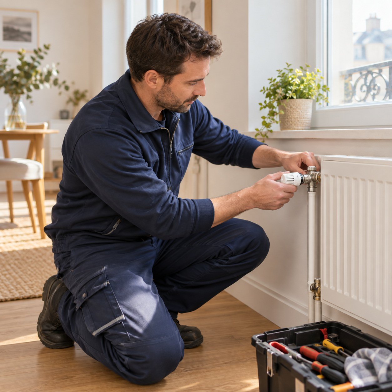 Illustration d’un technicien vérifiant le robinet d’un radiateur
