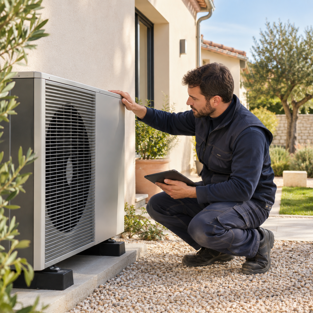 Illustration d’un technicien inspectant une pompe à chaleur air eau extérieure