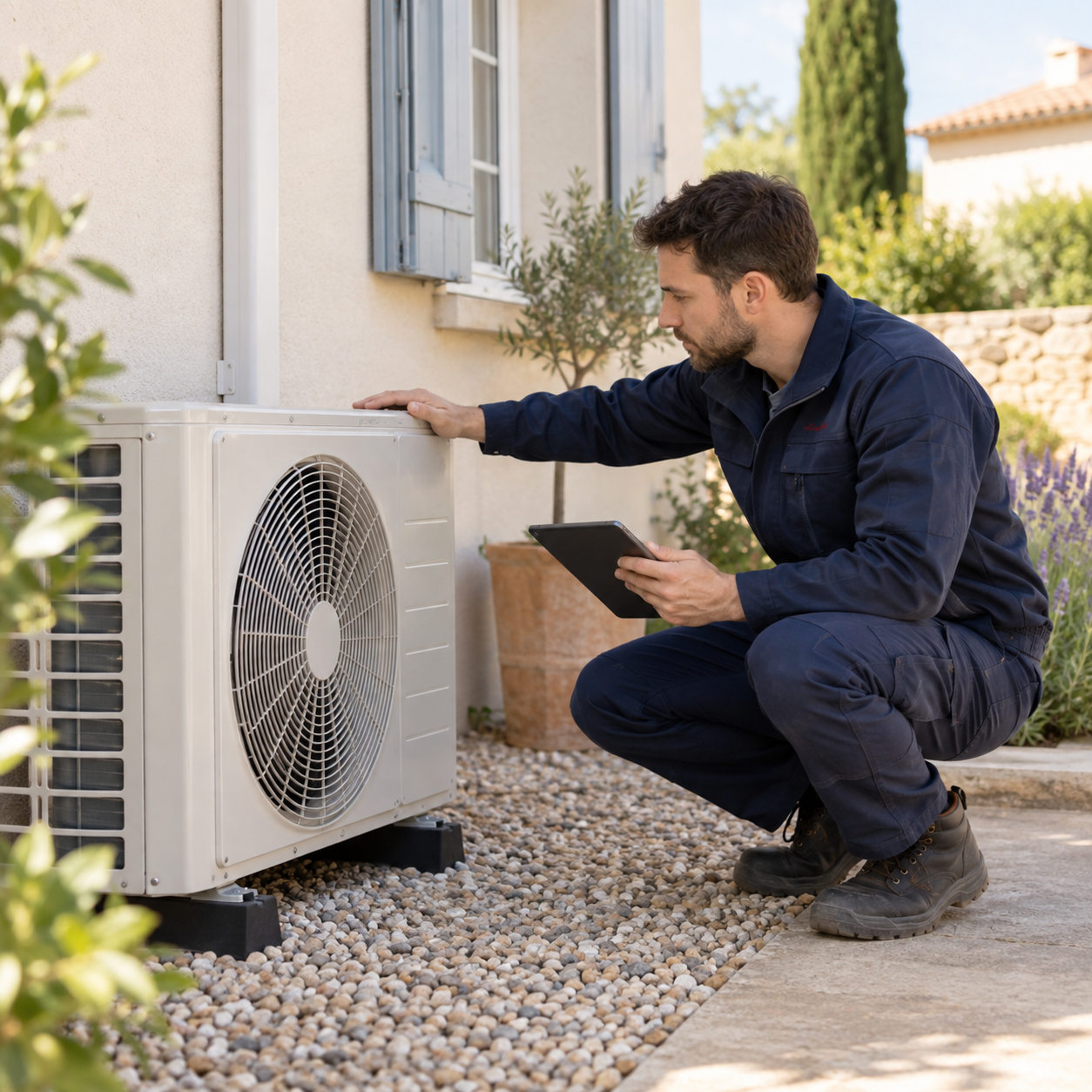 Illustration d’un technicien examinant l’unité extérieure d’une climatisation