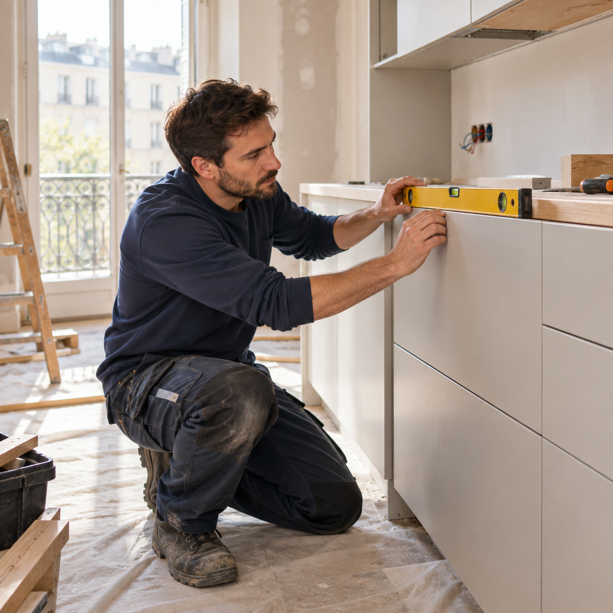 Illustration d’un artisan ajustant des meubles de cuisine lors d’une rénovation