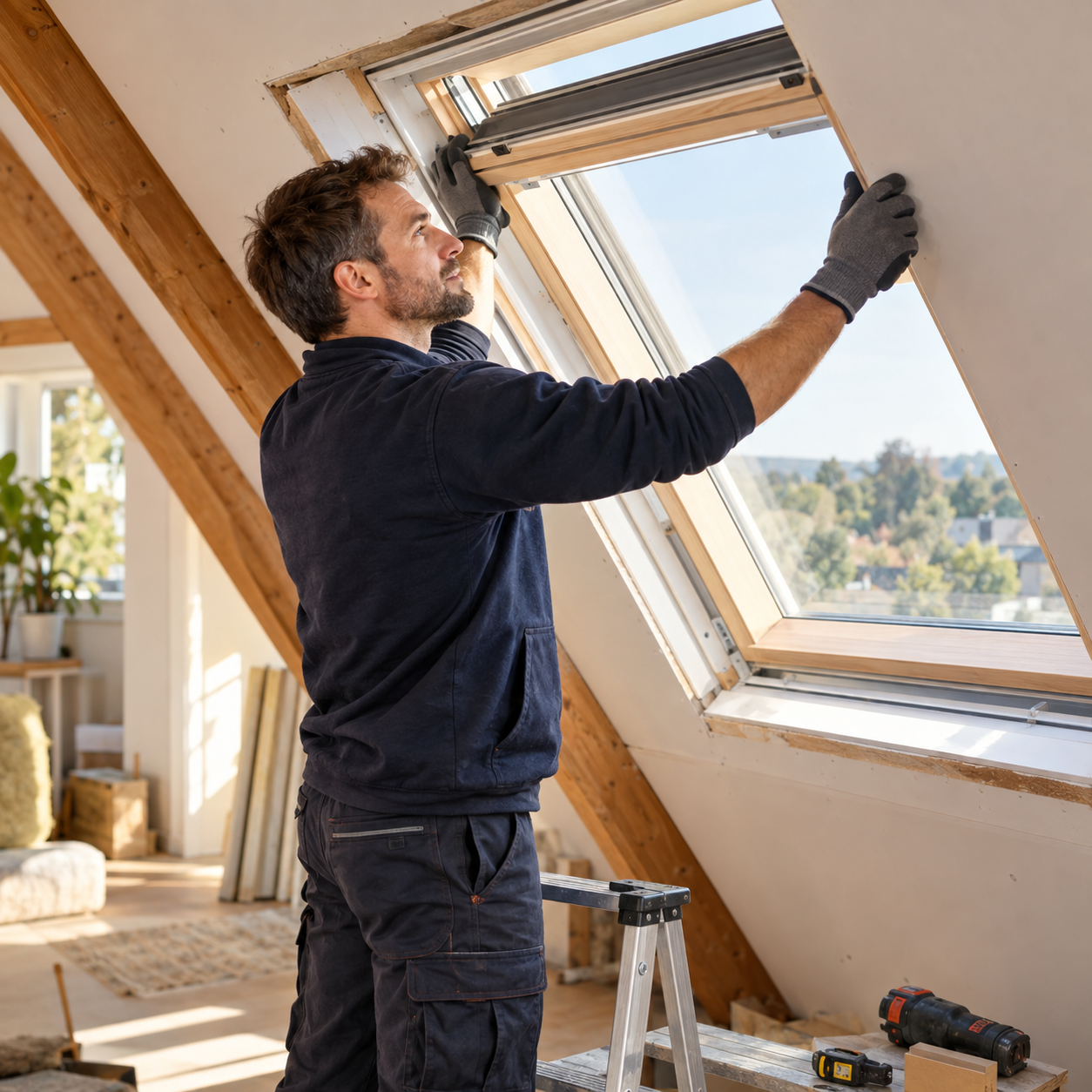 Illustration d’un artisan installant une fenêtre de toit depuis l’intérieur
