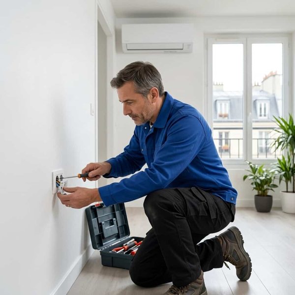 Illustration d’une intervention sur une prise électrique.